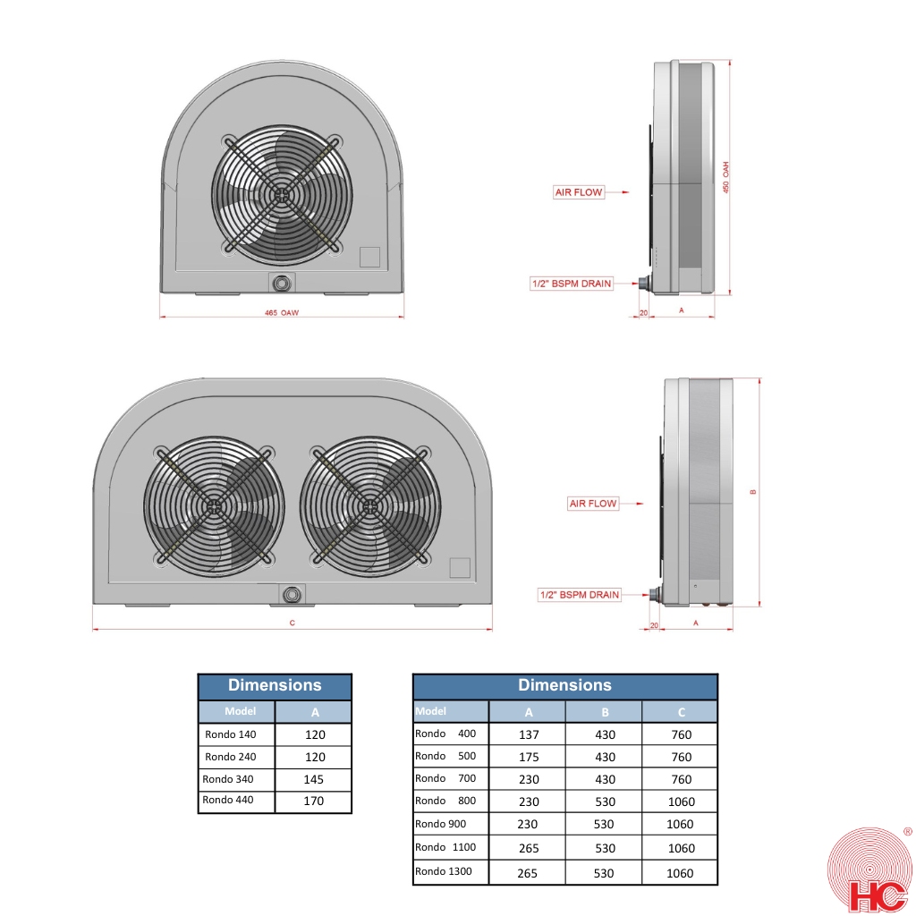 HC Slim Type Evaporator - Rondo 500-C | 2X 500mm Fans